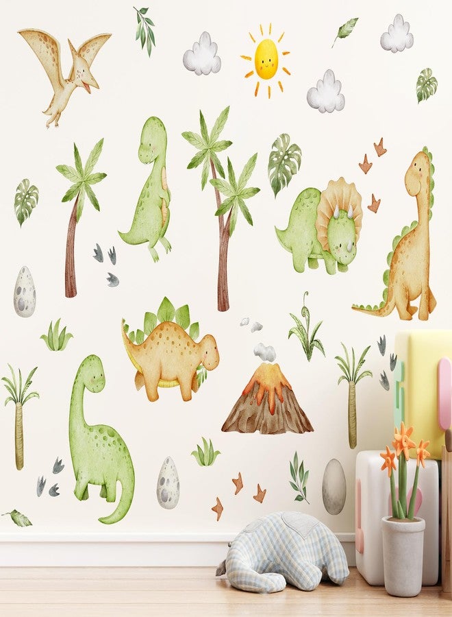 DRWSSR 3D Cartoon Animal Wall Decal Removable DIY Small Dinosaur Wall Decals Peel and Stick Green Plants Volcano Cave Sun White Clouds Wall Art Decor for Kids Nursery Bedroom Living Room Decoration - Image 1
