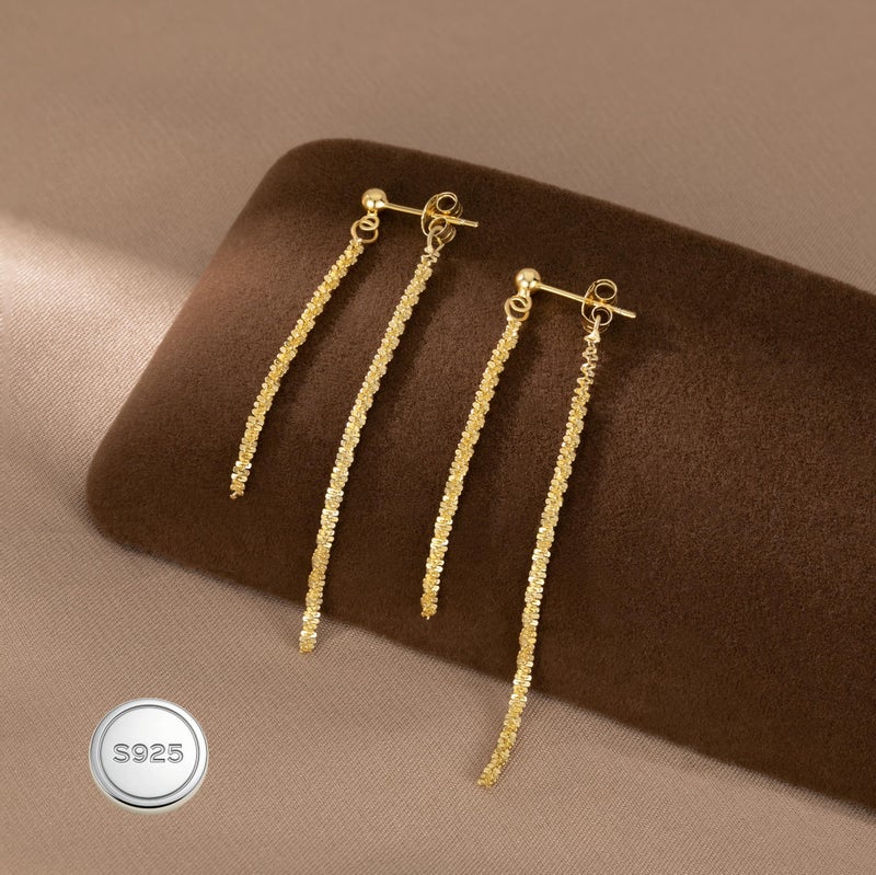 Reffeer Solid 925 Sterling Silver Tassel Chain Dangle Earrings for Women Teen Girls Minimalist Dangle Earrings Drops (B-18K Gold) - Image 5