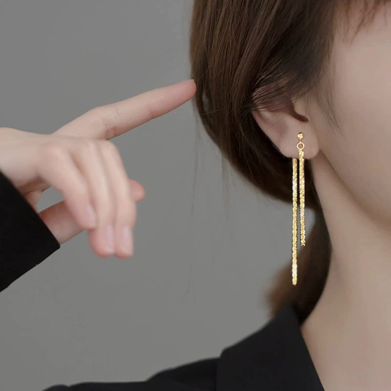 Reffeer Solid 925 Sterling Silver Tassel Chain Dangle Earrings for Women Teen Girls Minimalist Dangle Earrings Drops (B-18K Gold) - Image 3