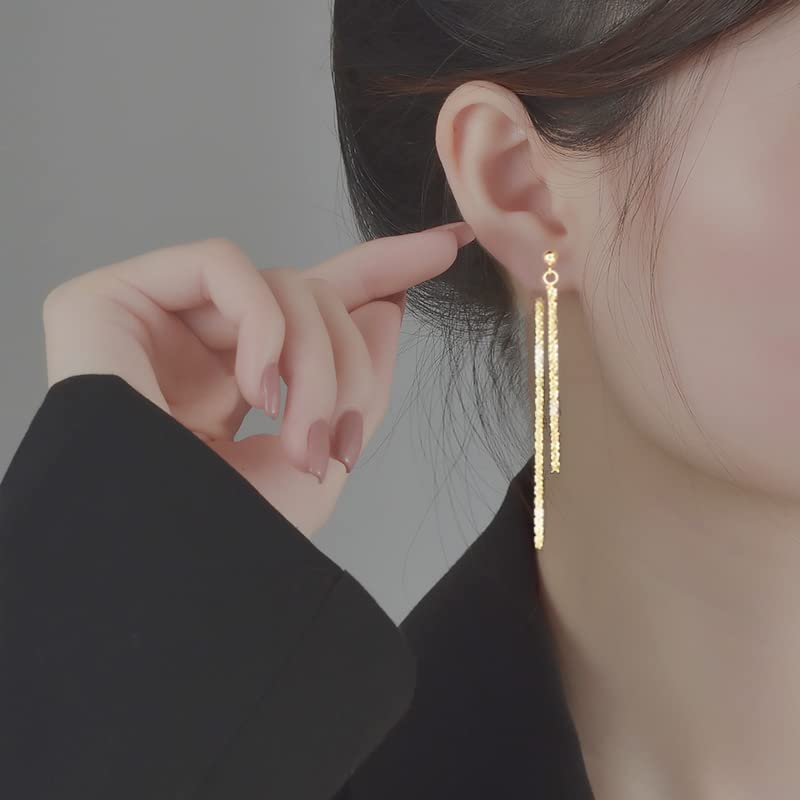 Reffeer Solid 925 Sterling Silver Tassel Chain Dangle Earrings for Women Teen Girls Minimalist Dangle Earrings Drops (B-18K Gold) - Image 2