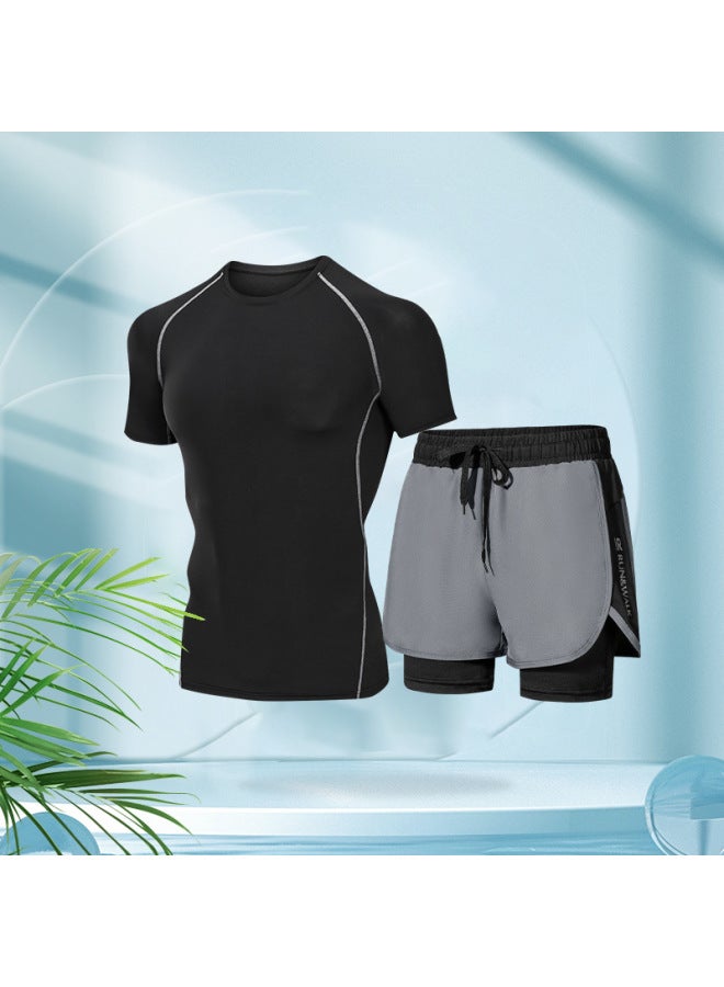 Loquat Swimwear Men's Summer Tight Quick-drying Clothes Ice Silk Sports Top Long-sleeved Double-layer Breathable Sunscreen Upper Body Swimsuit-Color:Beach Two-piece Set 【Changing】】- - Image 1