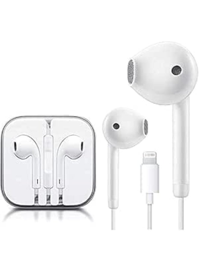 In-ear headphones with Lightning cable, microphone, and volume control buttons. Compatible with iPhone XS, XS Max, XR, 8 Plus, and 7. Plug and play functionality for iOS 10, 11, and 12. White.