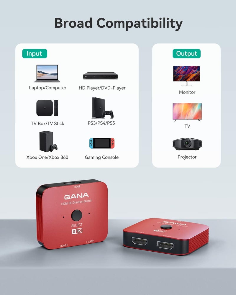 جانا محول HDMI 2.1، محول HDMI 8K مقسم ثنائي الاتجاه 2 مدخل و1 مخرج، 4K@120Hz، 8K@60Hz، 48 جيجابت في الثانية، محور HDMI فائق الدقة من الألومنيوم متوافق مع PS5/4، Xbox، Roku، Apple TV， Fire Stick - Image 2