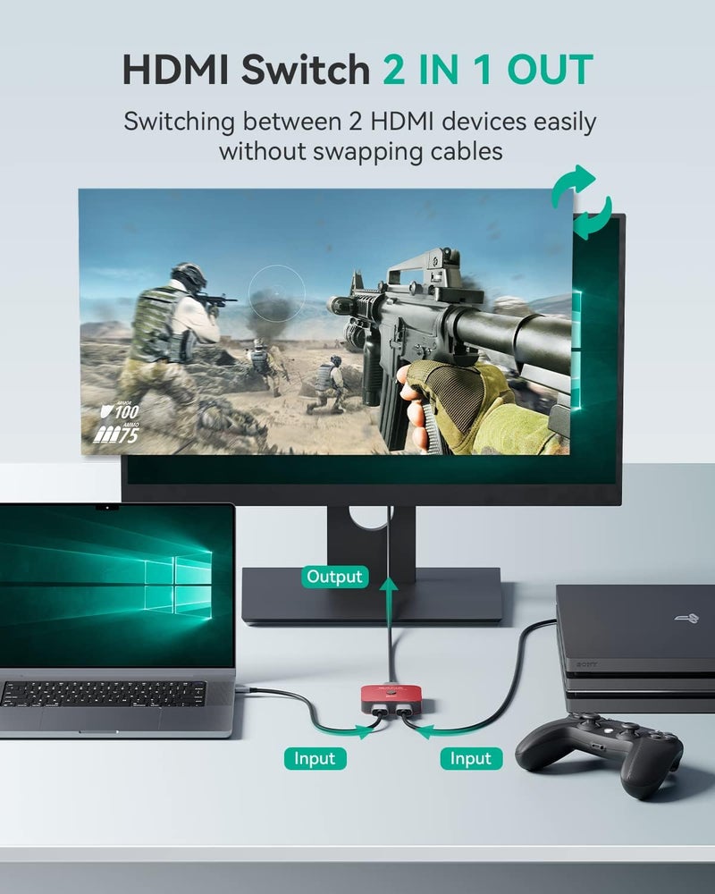 جانا محول HDMI 2.1، محول HDMI 8K مقسم ثنائي الاتجاه 2 مدخل و1 مخرج، 4K@120Hz، 8K@60Hz، 48 جيجابت في الثانية، محور HDMI فائق الدقة من الألومنيوم متوافق مع PS5/4، Xbox، Roku، Apple TV， Fire Stick - Image 3