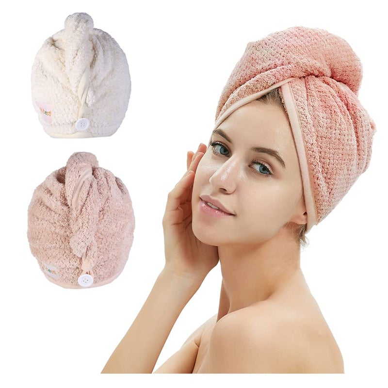 Mbestl 2 Pack Microfiber Hair Towel WrapHair Drying Towel with Button Towel TurbanHead Towel to Dry Hair Quickly PinkBeige