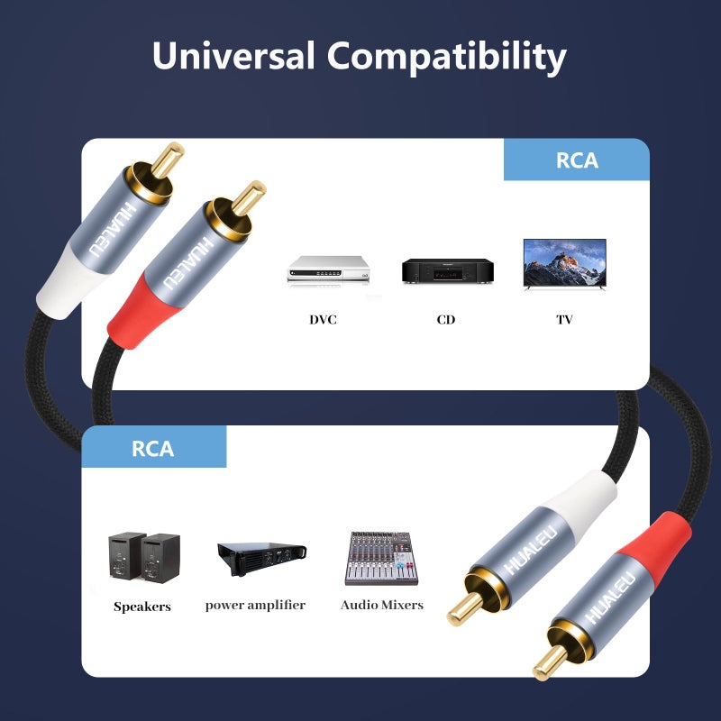 HUALEU 2Pack 2 RCA M/M Stereo Audio Cable,Gold-Plated 2RCA Male to 2RCA Male Aluminum Shell Auxiliary Audio Cord-6Feet - Image 2