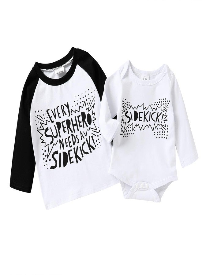 JEELLIGULAR Baby Boy Sibling Shirts Romper Set Big Brother Long Sleeve T-Shirt & Littler Brother Bodysuit Matching Outfit Set (Black+White, 18-24 Months) - Image 1