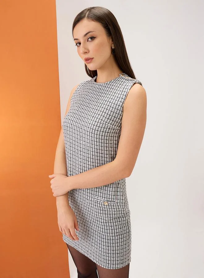 globus Grey Tweed Checkered Round Neck Mini Dress