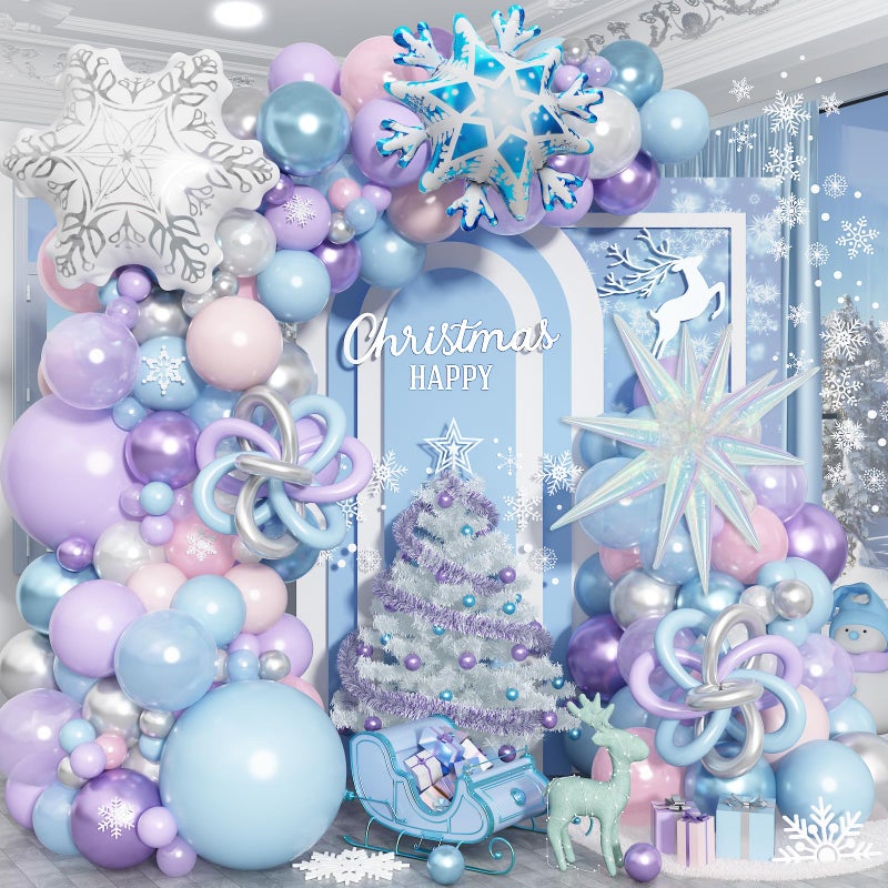 Paeyeq Winter Wonderland Balloon Arch Garland Kit, Snowflake Blue Pink Purple Silver White Balloons Snowflake Star Foil Balloon for Holiday Snow Princess Xmas Christmas Baby Shower Birthday Party Decorations - Image 1
