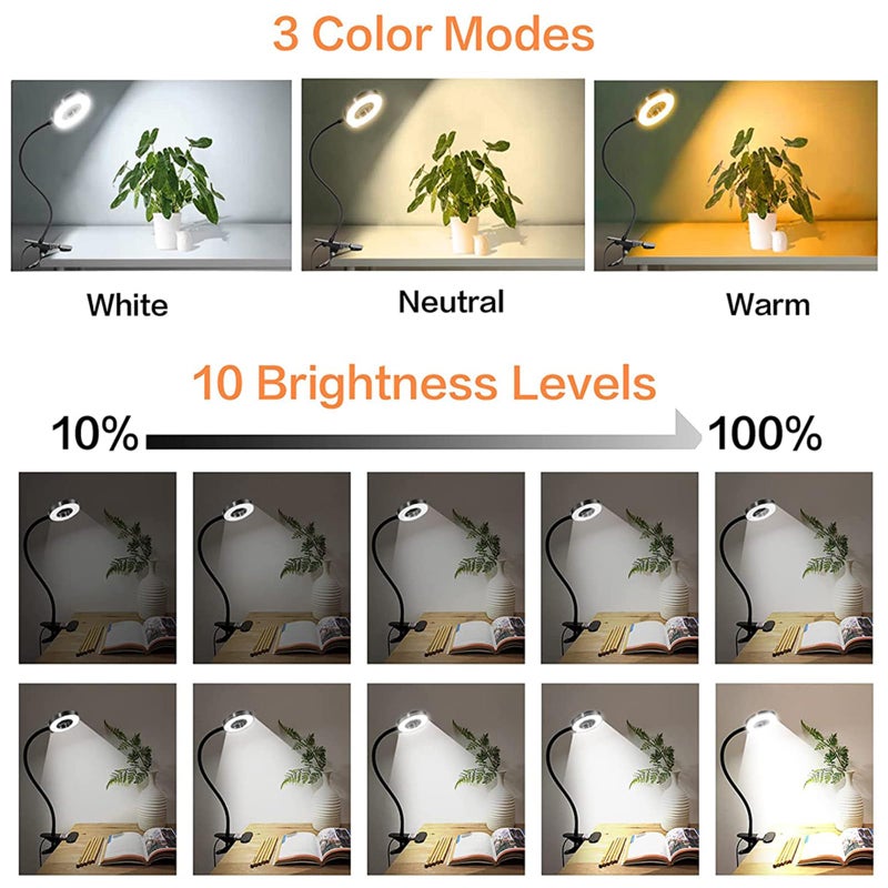Brokimis Clip on Light LED Reading Book Study Lamp 3 Color Modes 10 Brightness Eye Protection 360Â° Flexible Gooseneck Student Dormitory Office Desk Lamp at Night in Bed - Image 2