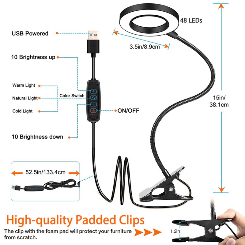 Brokimis Clip on Light LED Reading Book Study Lamp 3 Color Modes 10 Brightness Eye Protection 360Â° Flexible Gooseneck Student Dormitory Office Desk Lamp at Night in Bed - Image 3