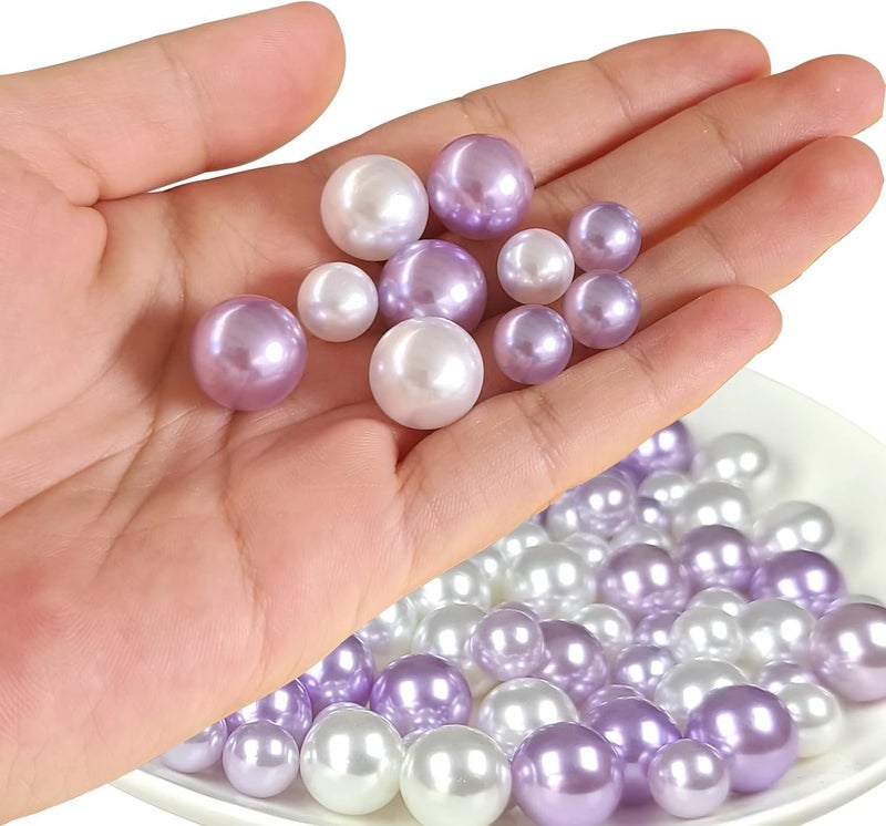 GLBYUNN 140pcs Pearl Beads for Vase Filler No Hole Pearl Beads for Brushes Holder Faux Pearls for Centerpieces Home Wedding Decor 10/14mm(White, Purple) - Image 1