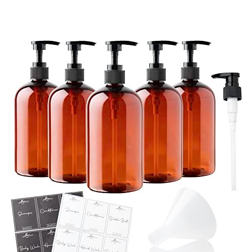 Alora Home Essentials Alora 5in1 Apothecary Bottles for Home Commercial Use 16oz Elegant 85x3in Refillable Amber Shampoo Storage Handwash Massage Oils Includes 24 Waterproof Labels Bonus 2CC Pump Funnel - Image 1