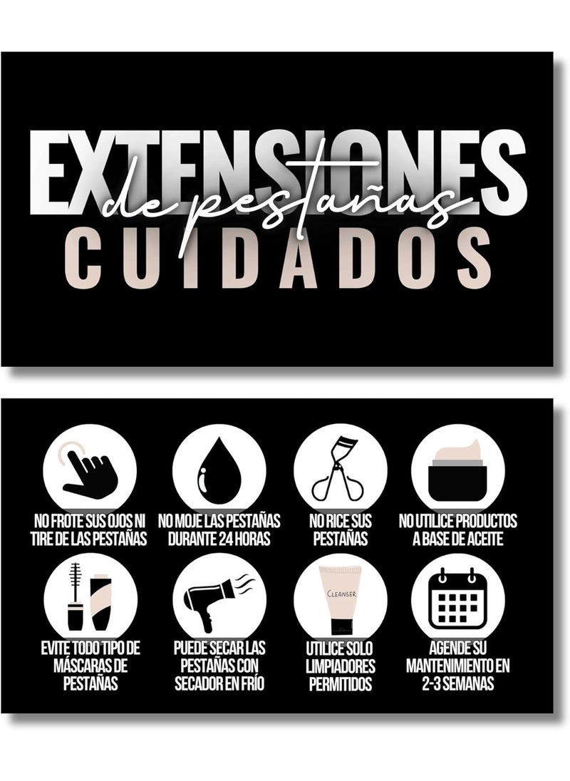 Tats4now Cute Modern Spanish Lash Extension After Care Cards/Pack of 55 business card size. Eyelash extensions supplies great for your lash extension kit (Black, White and tan/light pink) 