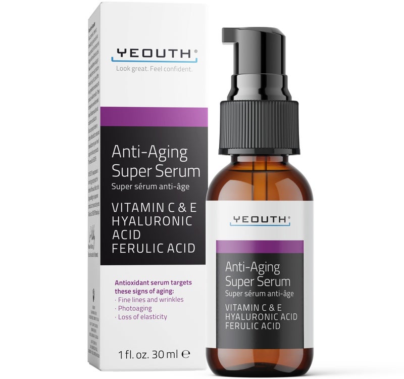YEOUTH Anti Aging Serum for Face with Hyaluronic Acid Ferulic Acid Vitamin C and E Hydrating Face Serum for Women and Men Targets Dull and Dry Skin 1oz