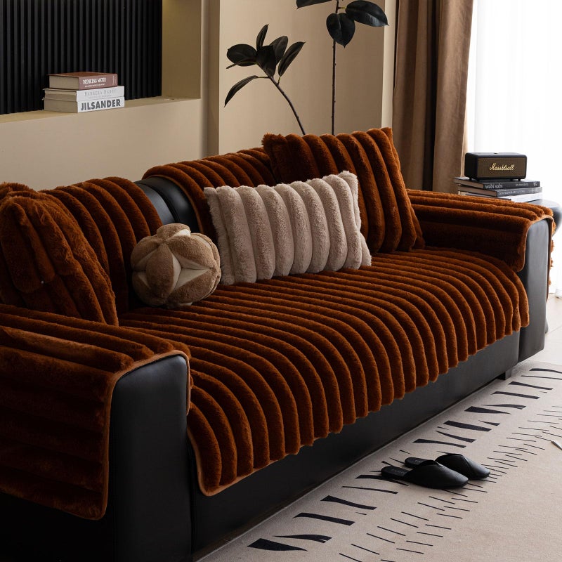 XSlive Faux Rabbit Fur Couch Sofa Cover Washable, Shaggy Fuzzy Sectional Couch Cover, Stripe Non-Slip Soft Plush Sofa Slipcover Furniture Protector for Dogs, Pets (Dark Coffee,28"x28") - Image 4