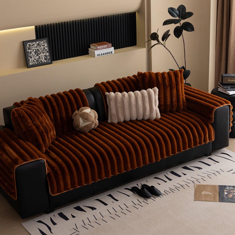 XSlive Faux Rabbit Fur Couch Sofa Cover Washable, Shaggy Fuzzy Sectional Couch Cover, Stripe Non-Slip Soft Plush Sofa Slipcover Furniture Protector for Dogs, Pets (Dark Coffee,28"x28") - Image 3