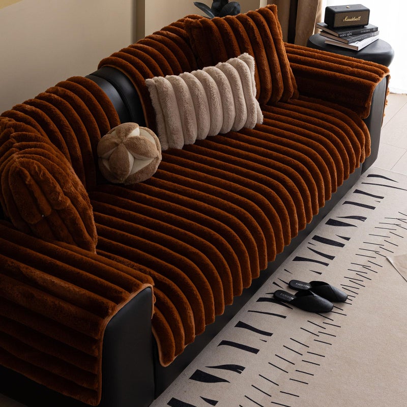 XSlive Faux Rabbit Fur Couch Sofa Cover Washable, Shaggy Fuzzy Sectional Couch Cover, Stripe Non-Slip Soft Plush Sofa Slipcover Furniture Protector for Dogs, Pets (Dark Coffee,28"x28") - Image 5