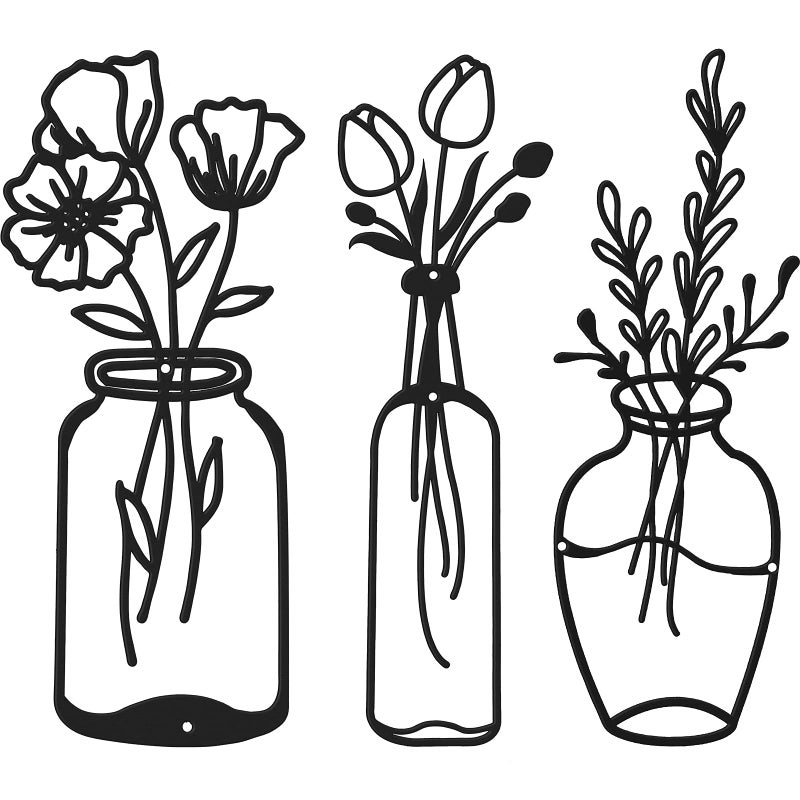 Hotop Hotop 3 Pieces Metal Flower Wall Decor Minimalist Vase Wall Art Black Tulip Wire Iron Decor Floral Art Sculpture for Kitchen Bathroom Living Room424555 InchesStylish Style 