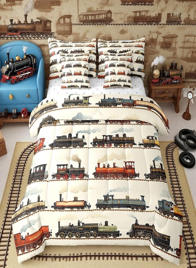 Feelyou Vintage Train Comforter Set Twin 7 Pcs Retro Steam Engine Boys Girls Retro Steam Locomotive Train Bedding Set Vehicle Train Bed in a Bag with Comforter, Sheets, Pillowcases & Cushion Cover - Image 1