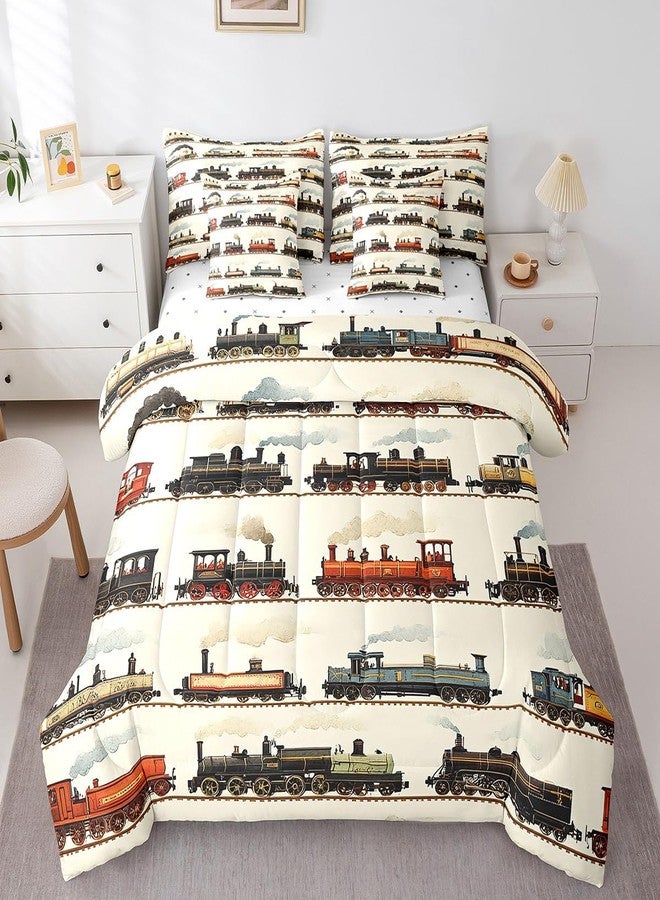 Feelyou Vintage Train Comforter Set Twin 7 Pcs Retro Steam Engine Boys Girls Retro Steam Locomotive Train Bedding Set Vehicle Train Bed in a Bag with Comforter, Sheets, Pillowcases & Cushion Cover - Image 2