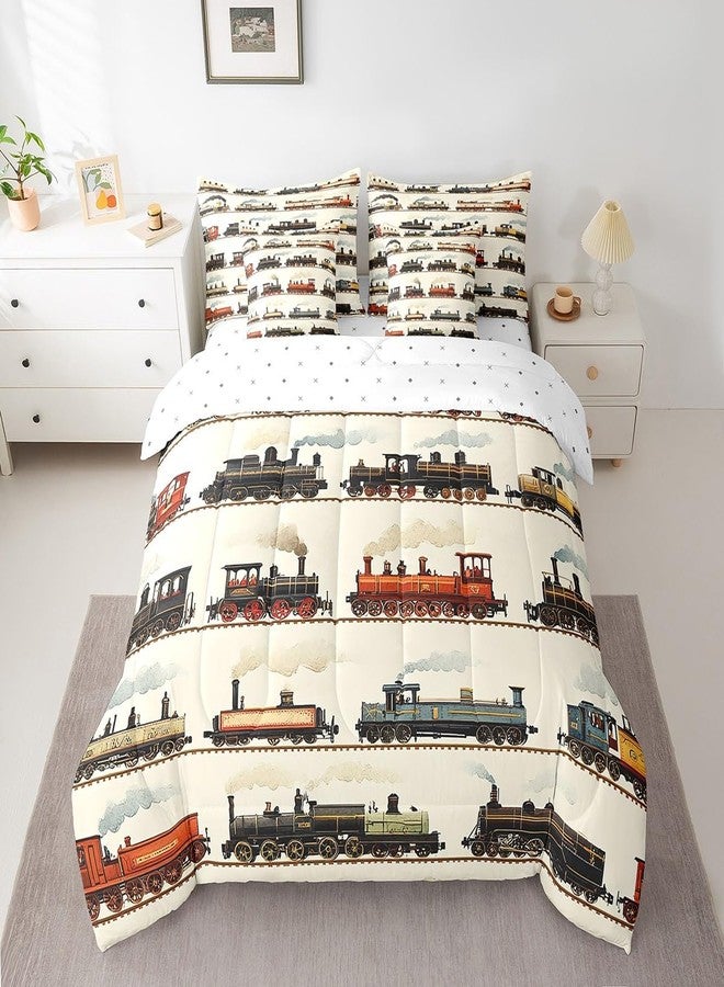 Feelyou Vintage Train Comforter Set Twin 7 Pcs Retro Steam Engine Boys Girls Retro Steam Locomotive Train Bedding Set Vehicle Train Bed in a Bag with Comforter, Sheets, Pillowcases & Cushion Cover - Image 3