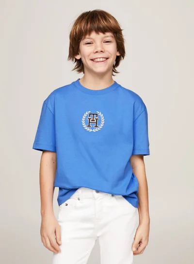 TOMMY HILFIGER Boys' Th Monogram Crest Logo T-Shirt -  Pure cotton, Blue