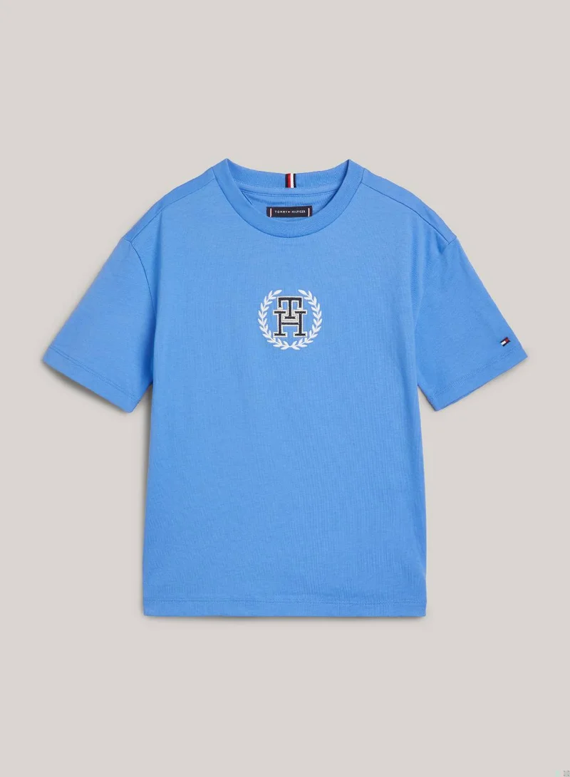 TOMMY HILFIGER Boys' Th Monogram Crest Logo T-Shirt -  Pure cotton, Blue