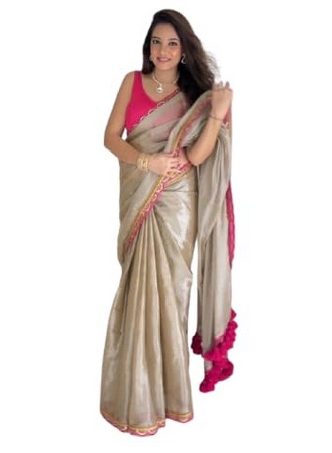Women's Two-Tone Zimmy Choo Silk Sarees with Lace Border, Banglori Blouse (Cream)  - Image 1