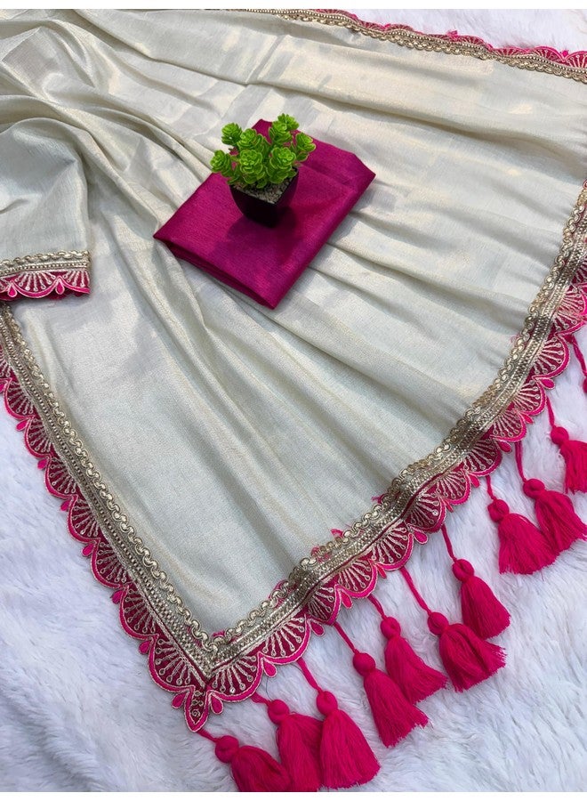 Women's Two-Tone Zimmy Choo Silk Sarees with Lace Border, Banglori Blouse (Cream)  - Image 2