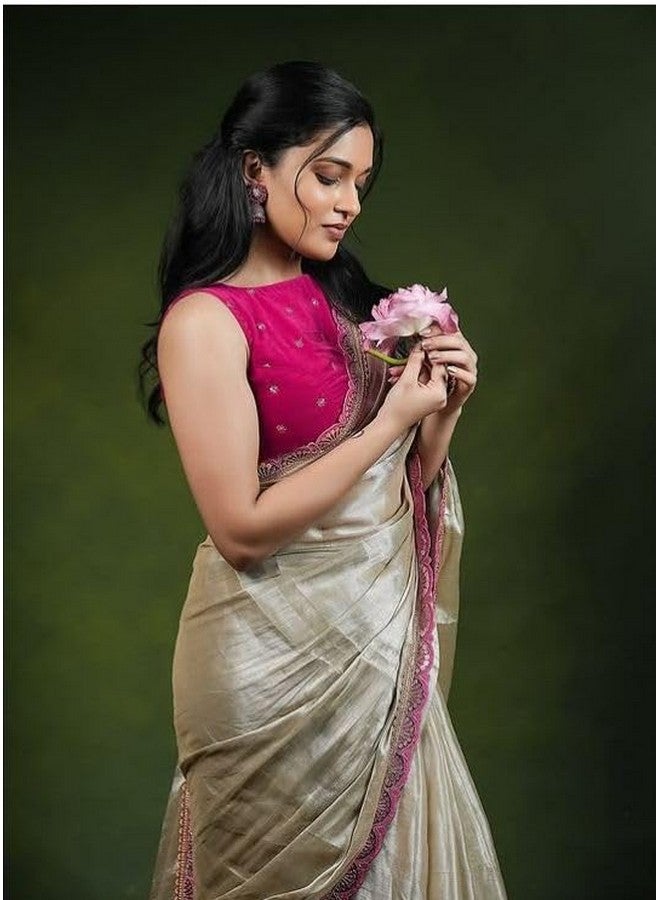 Women's Two-Tone Zimmy Choo Silk Sarees with Lace Border, Banglori Blouse (Cream)  - Image 5