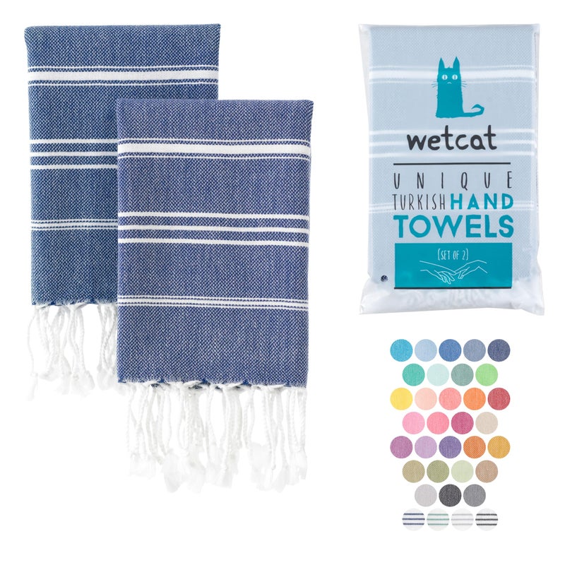 WETCAT Turkish Hand Towels with Hanging Loop Set of 2 20 x 30 100 Turkish Cotton PreWashed Quick Drying for Kitchen or Bathroom  Navy Blue