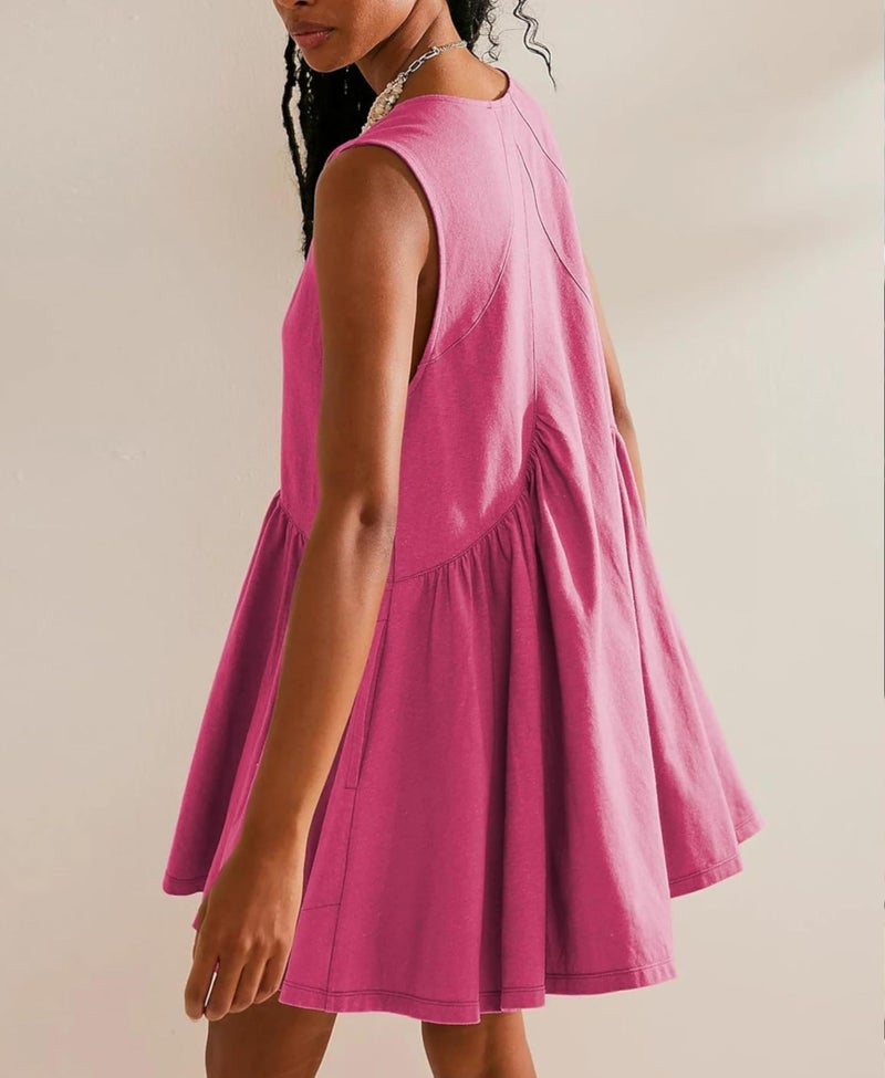 OPCAKM Women's V Neck Sleeveless Mini Dress Loose Summer Pleated Swing Flowy Sundress(Rosered-L) - Image 4