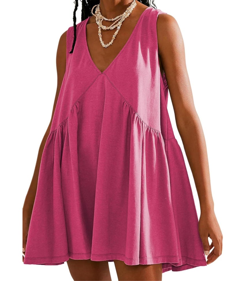 OPCAKM Women's V Neck Sleeveless Mini Dress Loose Summer Pleated Swing Flowy Sundress(Rosered-L) - Image 1