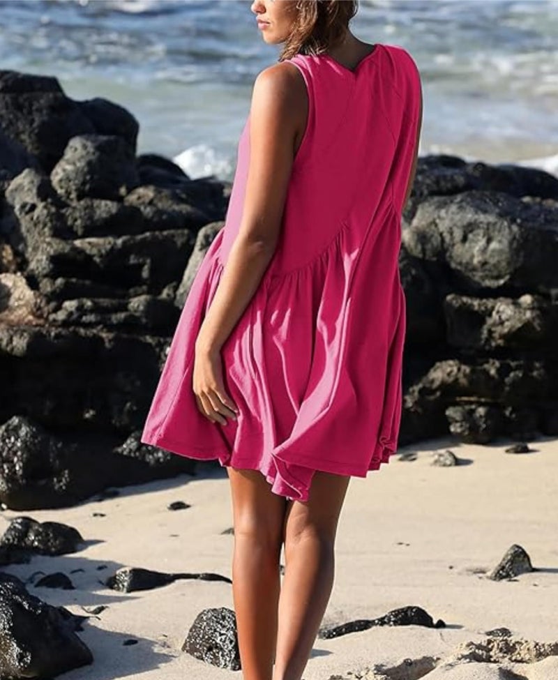 OPCAKM Women's V Neck Sleeveless Mini Dress Loose Summer Pleated Swing Flowy Sundress(Rosered-L) - Image 3