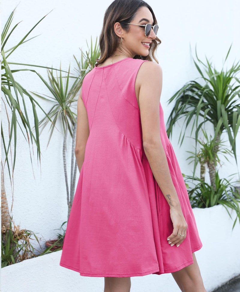 OPCAKM Women's V Neck Sleeveless Mini Dress Loose Summer Pleated Swing Flowy Sundress(Rosered-L) - Image 5