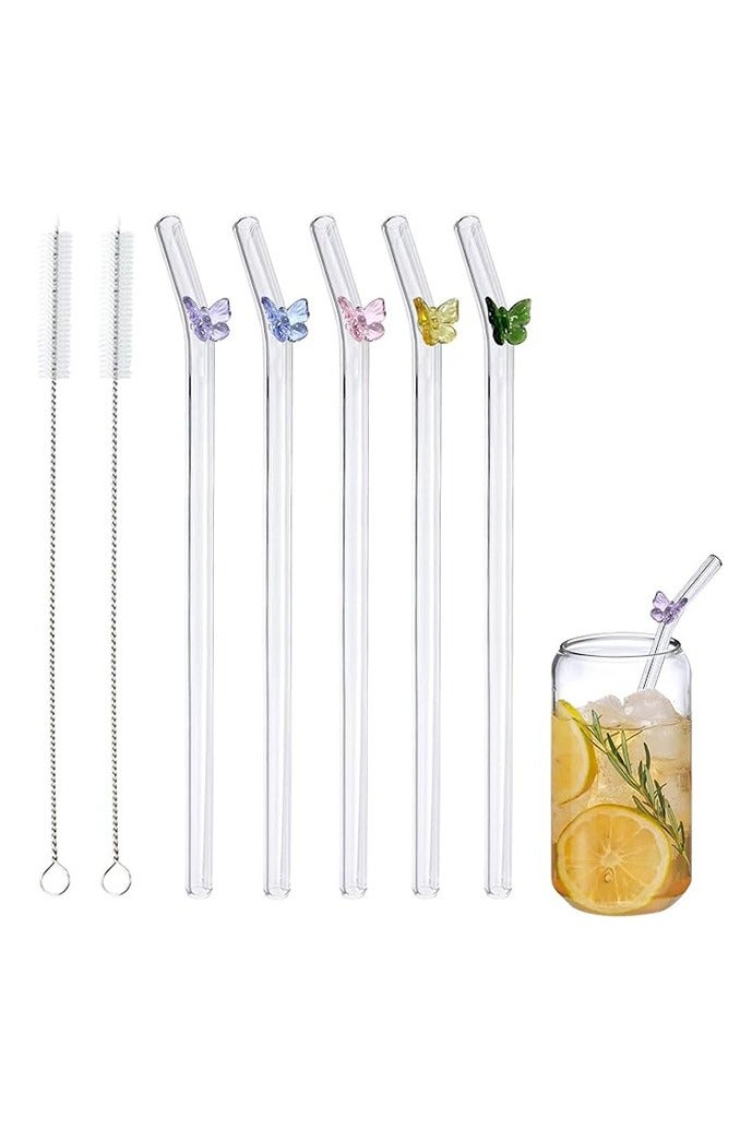 5 Pcs Reusable Glass Straws,Colorful Butterfly on Clear Straws With Design 7.9in X 8mm Shatter Resistant Bent Drinking Straws with 2 Cleaning Brushes for Shakes,Juices,Smoothies - Image 1