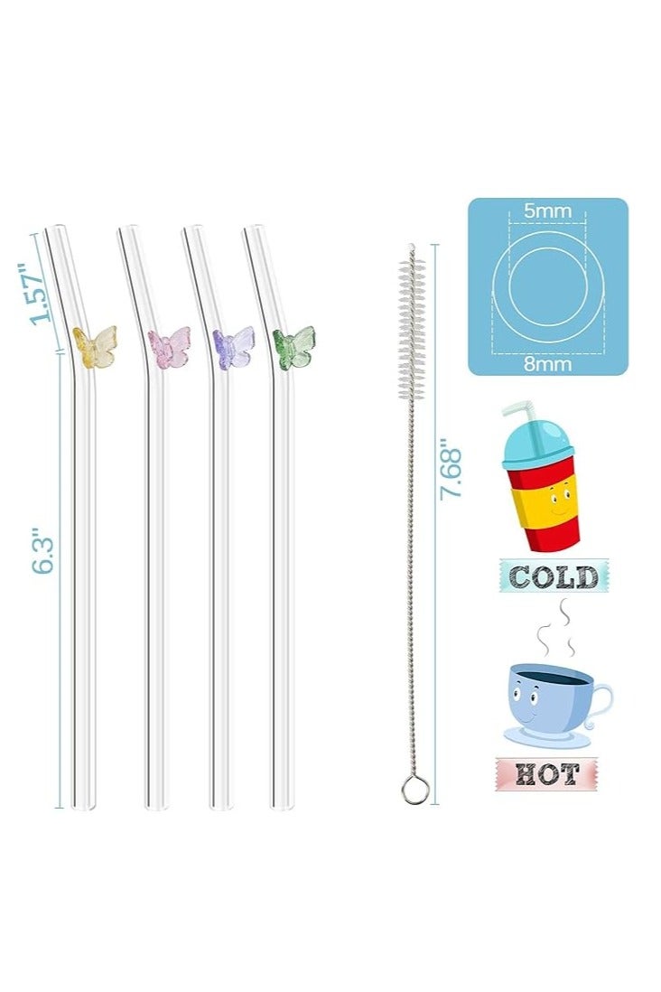 5 Pcs Reusable Glass Straws,Colorful Butterfly on Clear Straws With Design 7.9in X 8mm Shatter Resistant Bent Drinking Straws with 2 Cleaning Brushes for Shakes,Juices,Smoothies - Image 2