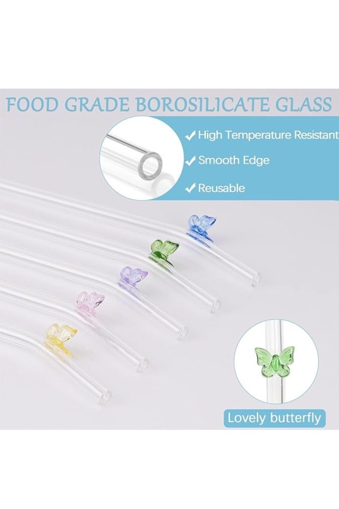 5 Pcs Reusable Glass Straws,Colorful Butterfly on Clear Straws With Design 7.9in X 8mm Shatter Resistant Bent Drinking Straws with 2 Cleaning Brushes for Shakes,Juices,Smoothies - Image 3