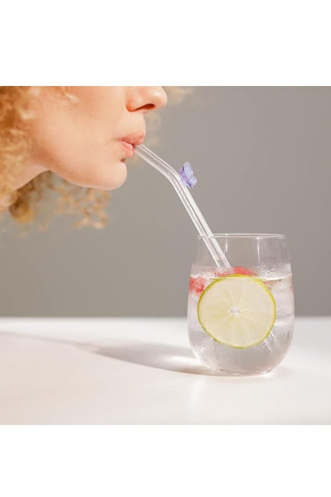 5 Pcs Reusable Glass Straws,Colorful Butterfly on Clear Straws With Design 7.9in X 8mm Shatter Resistant Bent Drinking Straws with 2 Cleaning Brushes for Shakes,Juices,Smoothies - Image 5