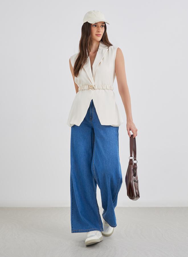 Styli Women Off White Regular Fit Longline Sleeveless Belted Blazer - Image 2