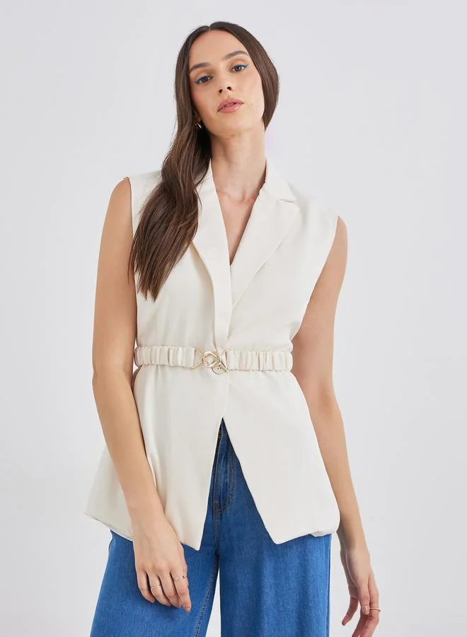 Styli Styli Women Off White Regular Fit Longline Sleeveless Belted Blazer