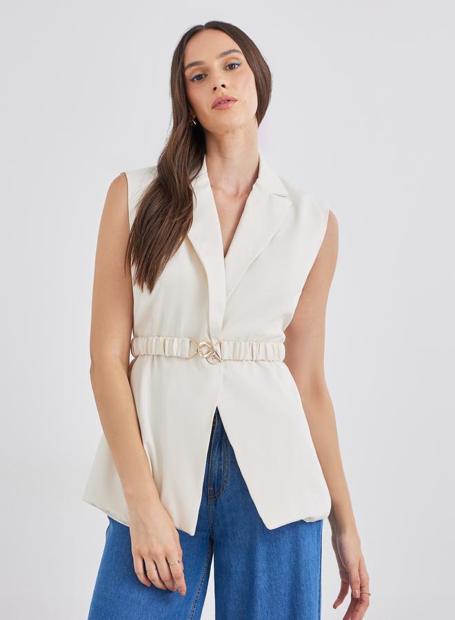 Styli Women Off White Regular Fit Longline Sleeveless Belted Blazer - Image 4