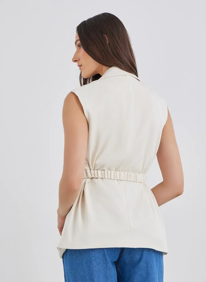 Styli Styli Women Off White Regular Fit Longline Sleeveless Belted Blazer