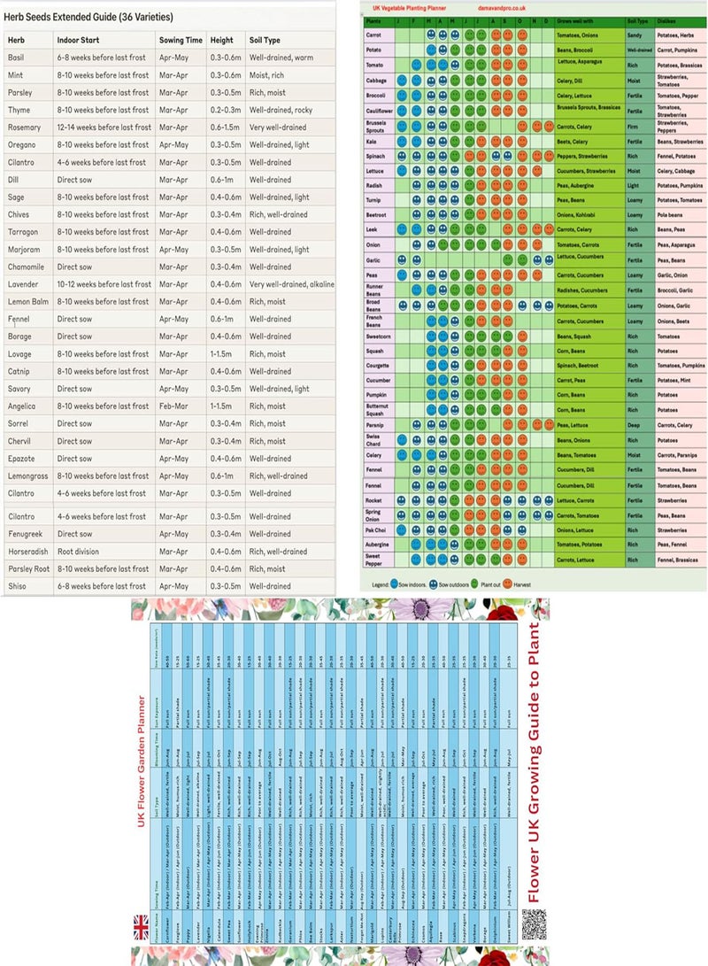 GGOOT SeedsAlp A3 Laminated Garden Planting Calendar, 36 Herbs & Vegetable and Flower Seeds, Year-Round Planner, UK Growing Guide 3 Pages - Image 1