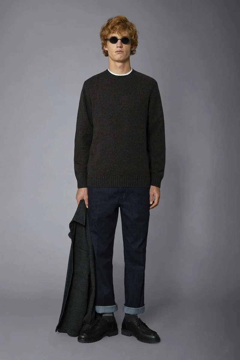 Men's crew neck wool blend lambswool - Brown