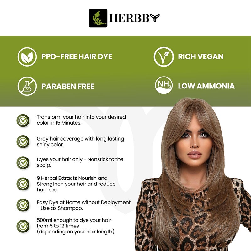 HERBBY Hair Color Shampoo for Gray Hair Coverage&Color Transform with 9 Herbal Extracts â€“Long Lasting(6-8 Weeks),Shiny,Evenly Colored,Instant Hair Dye Shampoo&Conditioner, 500 Ml (TIGER BROWN COLOR) - Image 3