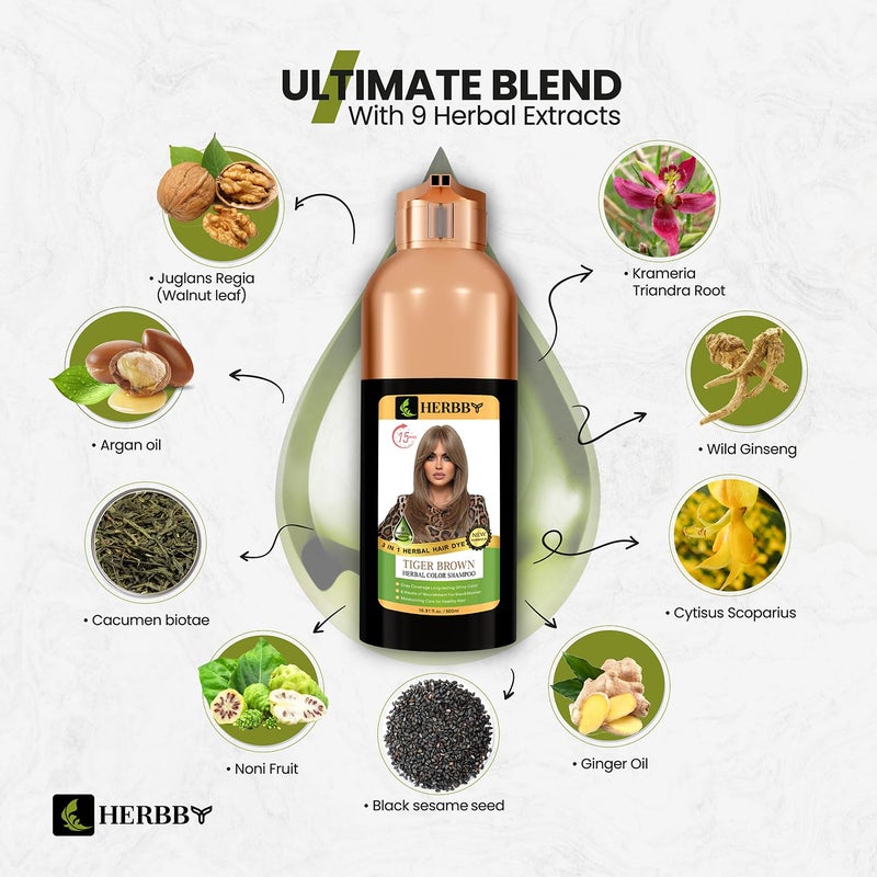 HERBBY Hair Color Shampoo for Gray Hair Coverage&Color Transform with 9 Herbal Extracts â€“Long Lasting(6-8 Weeks),Shiny,Evenly Colored,Instant Hair Dye Shampoo&Conditioner, 500 Ml (TIGER BROWN COLOR) - Image 4