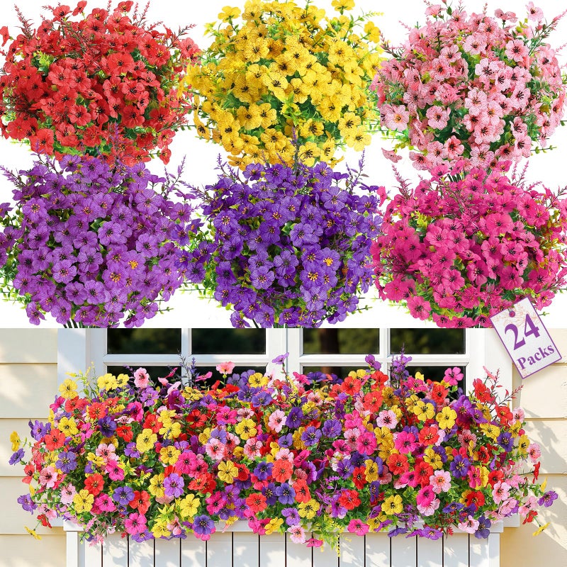 SHareconn 24 Bundles Artificial Flowers for Outdoors Decoration Faux Plants Fake Silk Colorful Daisy Eucalyptus Lavender UV Resistant for Outside Home Porch Indoor Spring Decor 6 Colors incl Red - Image 2