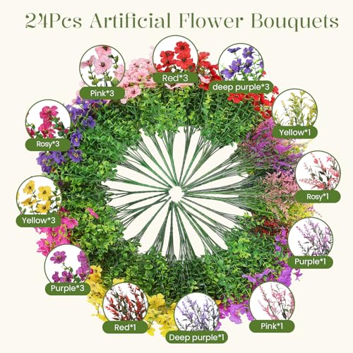SHareconn 24 Bundles Artificial Flowers for Outdoors Decoration Faux Plants Fake Silk Colorful Daisy Eucalyptus Lavender UV Resistant for Outside Home Porch Indoor Spring Decor 6 Colors incl Red - Image 3